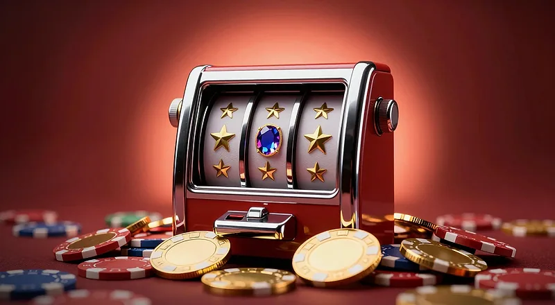 Modrý výherný automat s valcami, pred ním rozsypané kasínové žetóny