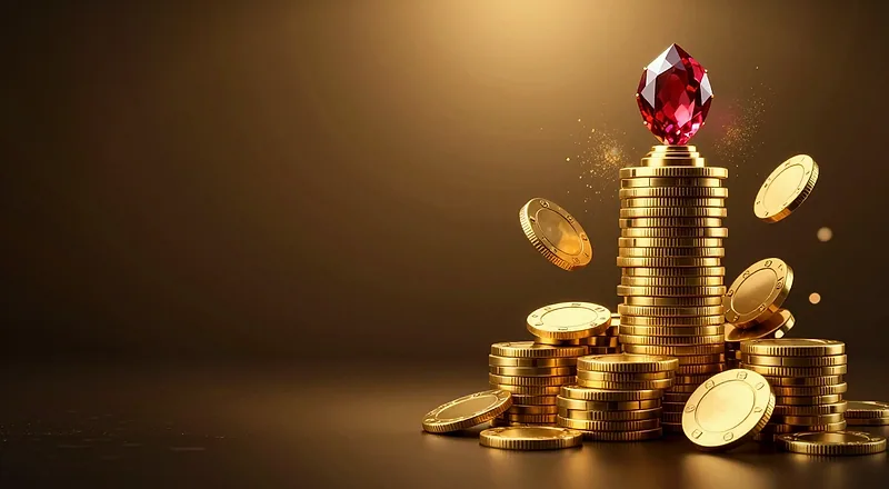 Niekoľko stĺpcov hracích žetónov v zlatej a tmavej farbe s nápisom EUROGOLD na vrchnom žetóne
